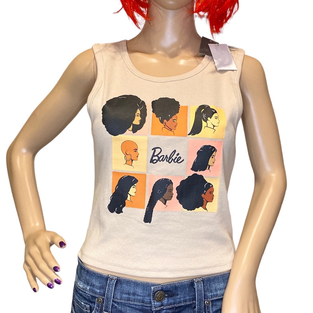 Barbie Multi-Cultural Nine Squares Graphic Ribbed Tank Top Beige Size Medium NWT